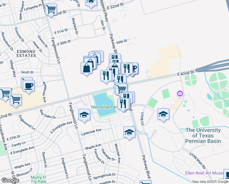 map of restaurants, bars, coffee shops, grocery stores, and more near 4900 East 42nd Street in Odessa