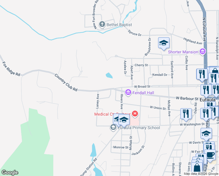 map of restaurants, bars, coffee shops, grocery stores, and more near 1070-1098 West Broad Street in Eufaula