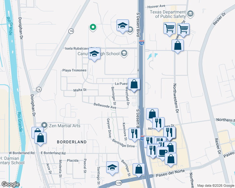 map of restaurants, bars, coffee shops, grocery stores, and more near 424 Sonaran Court in El Paso