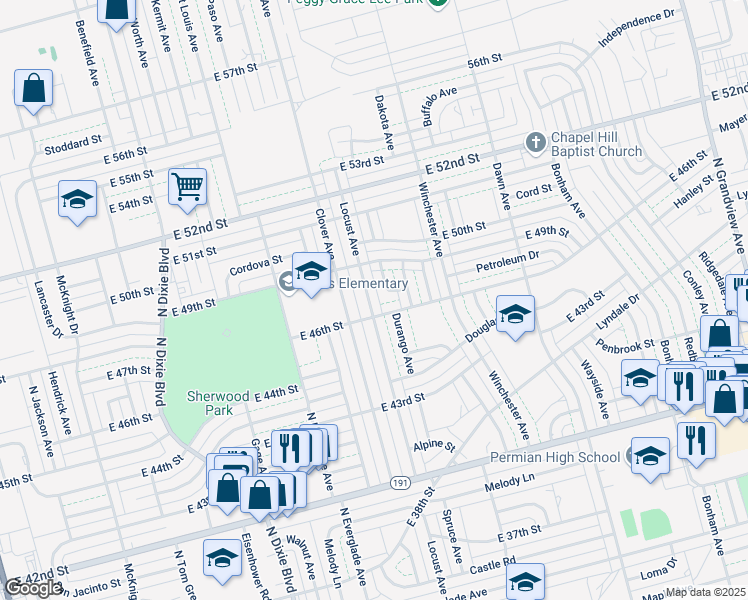 map of restaurants, bars, coffee shops, grocery stores, and more near 4608 Locust Avenue in Odessa