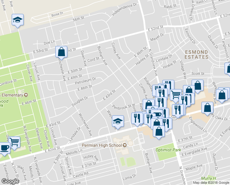 map of restaurants, bars, coffee shops, grocery stores, and more near 1824 East 43rd Street in Odessa