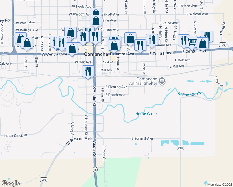 map of restaurants, bars, coffee shops, grocery stores, and more near 309 East Peach Avenue in Comanche
