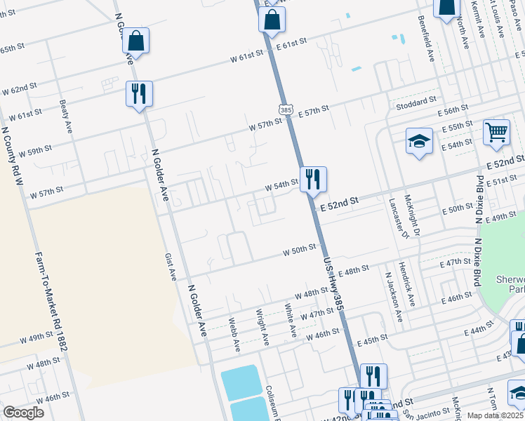 map of restaurants, bars, coffee shops, grocery stores, and more near 5300 Martin Avenue in Odessa
