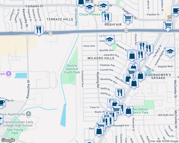 map of restaurants, bars, coffee shops, grocery stores, and more near 5108 Cornell Ave in El Paso