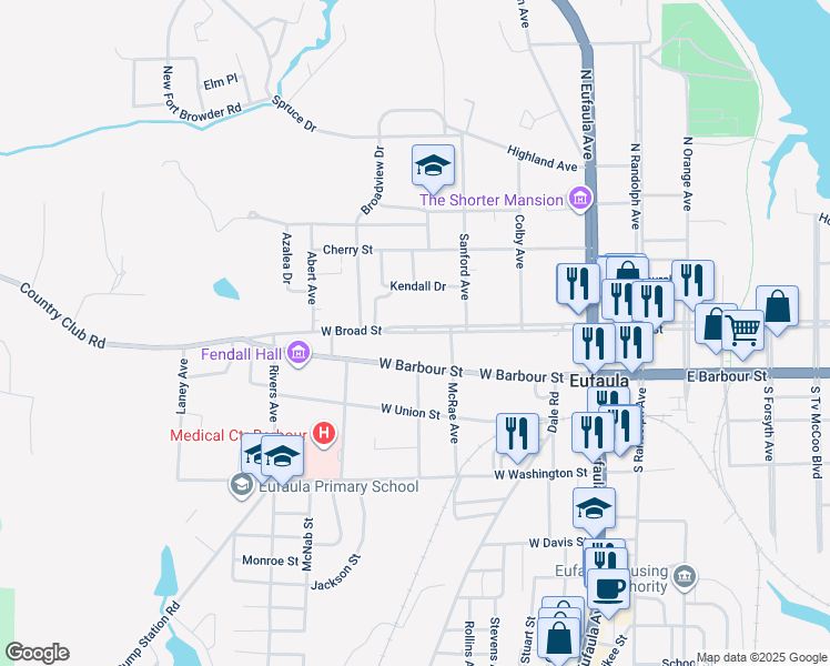 map of restaurants, bars, coffee shops, grocery stores, and more near West Broad Street in Eufaula