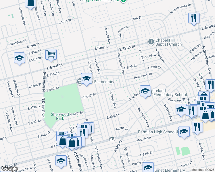map of restaurants, bars, coffee shops, grocery stores, and more near 4725 Devonian Avenue in Odessa