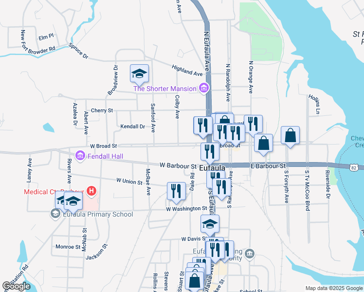 map of restaurants, bars, coffee shops, grocery stores, and more near 257 West Broad Street in Eufaula