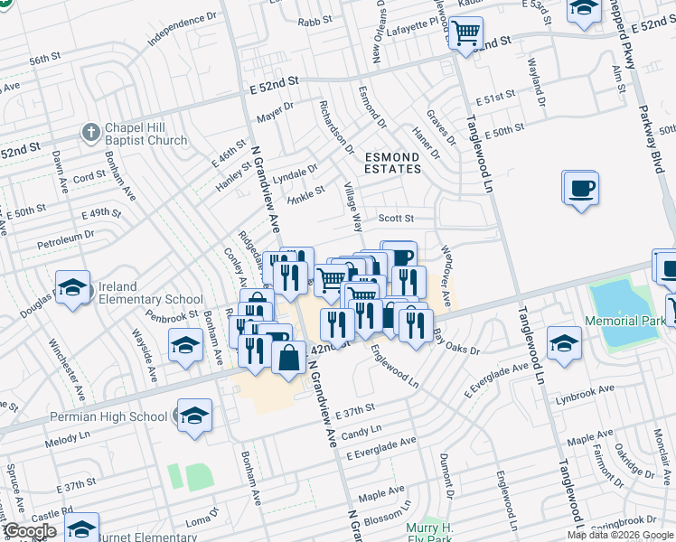 map of restaurants, bars, coffee shops, grocery stores, and more near 3843 Penbrook Street in Odessa