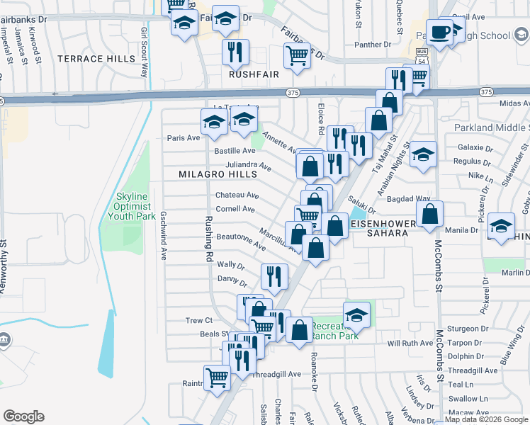 map of restaurants, bars, coffee shops, grocery stores, and more near 5225 Cornell Avenue in El Paso