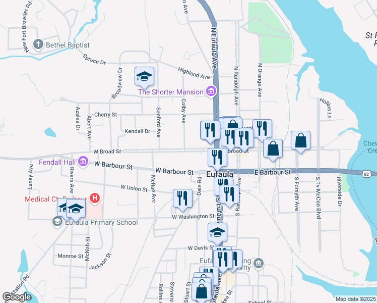 map of restaurants, bars, coffee shops, grocery stores, and more near 257 West Broad Street in Eufaula