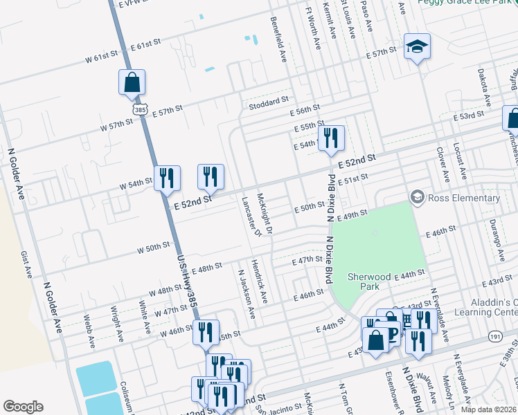 map of restaurants, bars, coffee shops, grocery stores, and more near 4915 McKnight Dr in Odessa