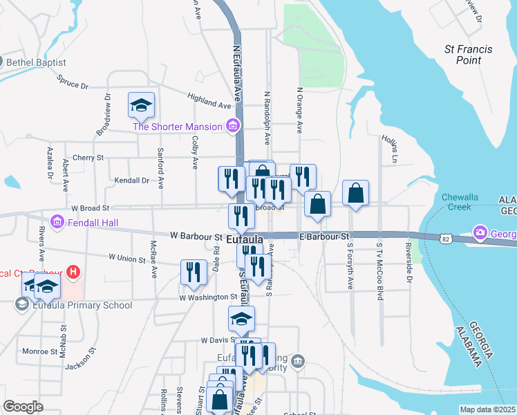 map of restaurants, bars, coffee shops, grocery stores, and more near 139 East Broad Street in Eufaula