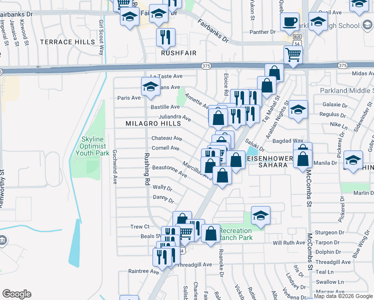 map of restaurants, bars, coffee shops, grocery stores, and more near 5225 Cornell Avenue in El Paso