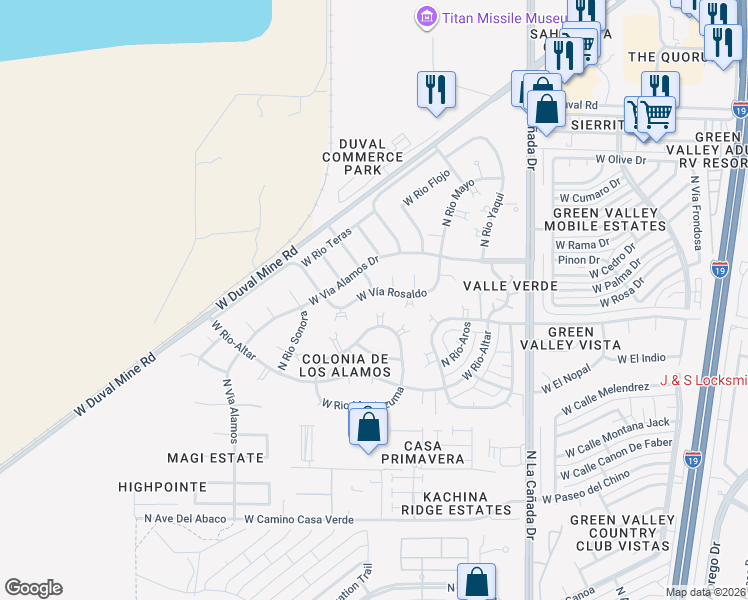map of restaurants, bars, coffee shops, grocery stores, and more near 611 West Vía Rosaldo in Green Valley