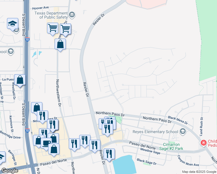map of restaurants, bars, coffee shops, grocery stores, and more near 7500 Bullwhip Court in El Paso