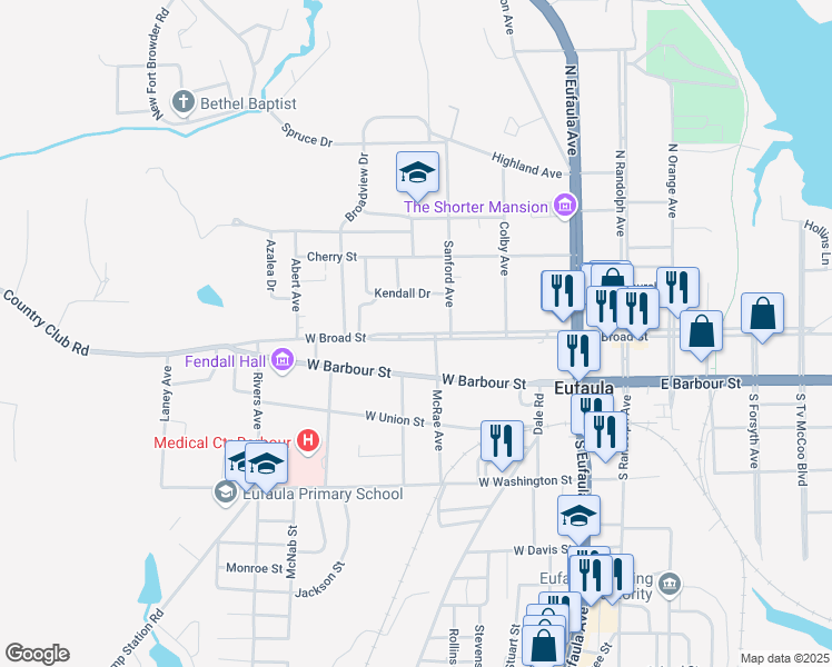 map of restaurants, bars, coffee shops, grocery stores, and more near 534 West Broad Street in Eufaula