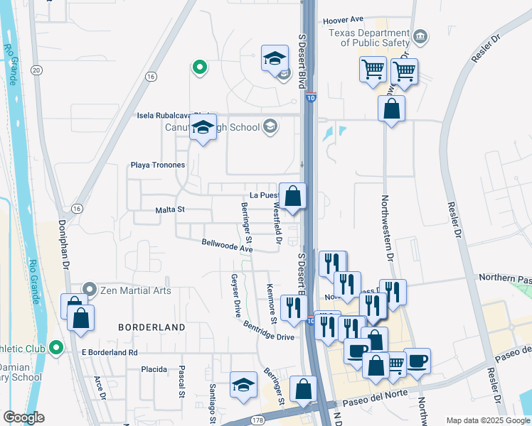 map of restaurants, bars, coffee shops, grocery stores, and more near 424 Sonaran Court in El Paso