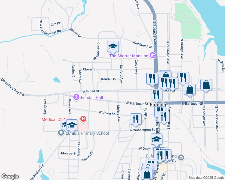map of restaurants, bars, coffee shops, grocery stores, and more near 534 West Broad Street in Eufaula