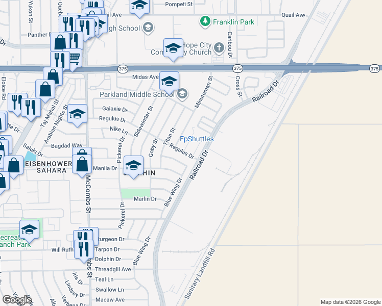 map of restaurants, bars, coffee shops, grocery stores, and more near 9845 Friendship in El Paso
