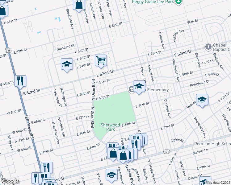 map of restaurants, bars, coffee shops, grocery stores, and more near 4900 Cordova Street in Odessa
