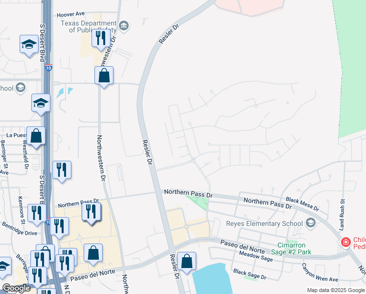 map of restaurants, bars, coffee shops, grocery stores, and more near 7500 Bullwhip Court in El Paso