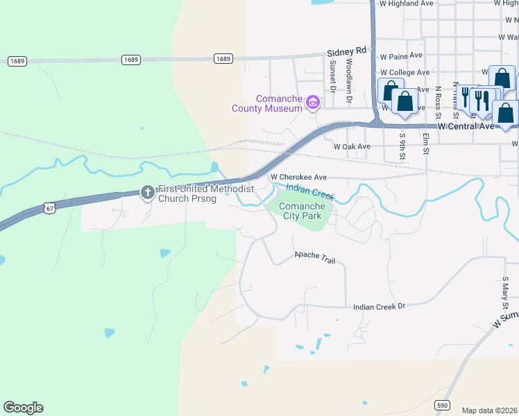 map of restaurants, bars, coffee shops, grocery stores, and more near 101 Twin Creek Road in Comanche