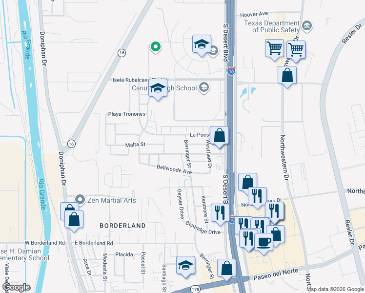 map of restaurants, bars, coffee shops, grocery stores, and more near 6613 Berringer Street in El Paso