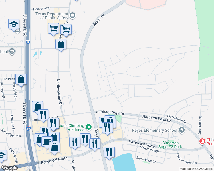 map of restaurants, bars, coffee shops, grocery stores, and more near 7500 Bullwhip Court in El Paso