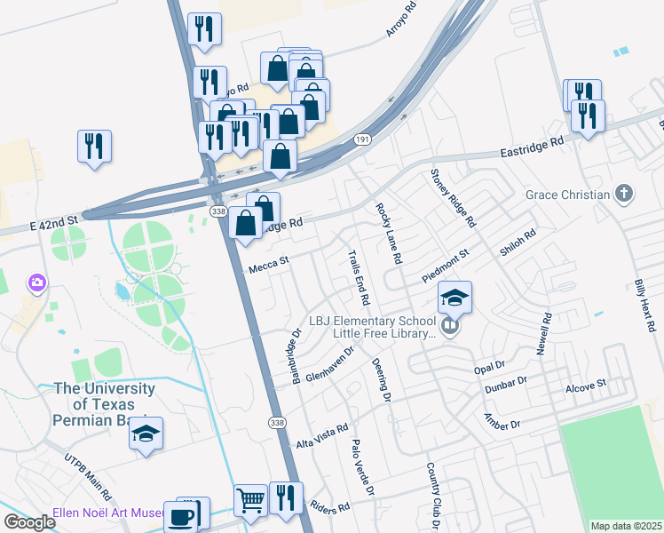 map of restaurants, bars, coffee shops, grocery stores, and more near 7 Green Oaks Circle in Odessa