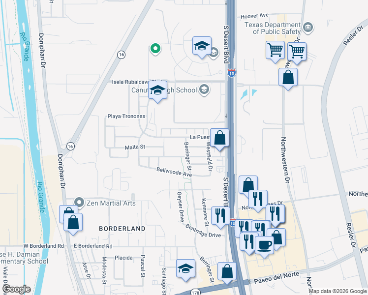 map of restaurants, bars, coffee shops, grocery stores, and more near 6613 Berringer Street in El Paso