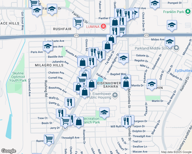 map of restaurants, bars, coffee shops, grocery stores, and more near 9846 Taj Mahal Street in El Paso
