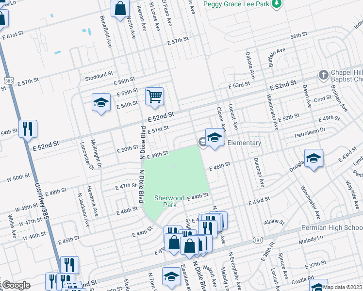 map of restaurants, bars, coffee shops, grocery stores, and more near 4900 Cordova Street in Odessa