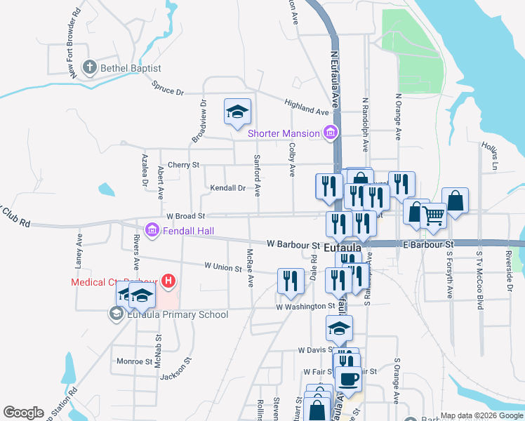 map of restaurants, bars, coffee shops, grocery stores, and more near 420 W Broad St in Eufaula