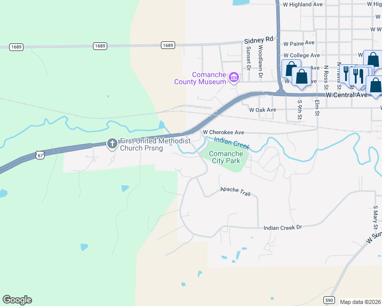 map of restaurants, bars, coffee shops, grocery stores, and more near 101 Twin Creek Road in Comanche