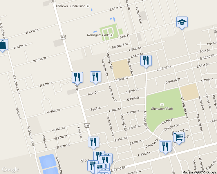 map of restaurants, bars, coffee shops, grocery stores, and more near 4933 Lancaster Drive in Odessa