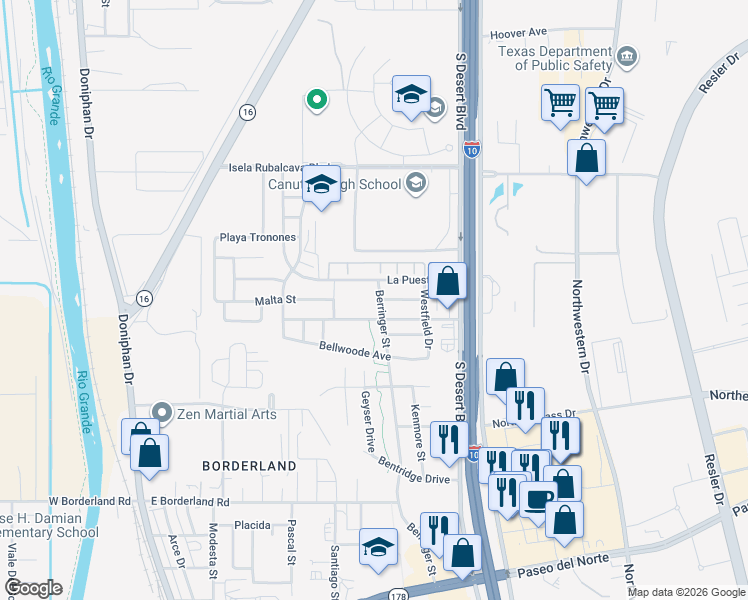 map of restaurants, bars, coffee shops, grocery stores, and more near 6613 Berringer Street in El Paso