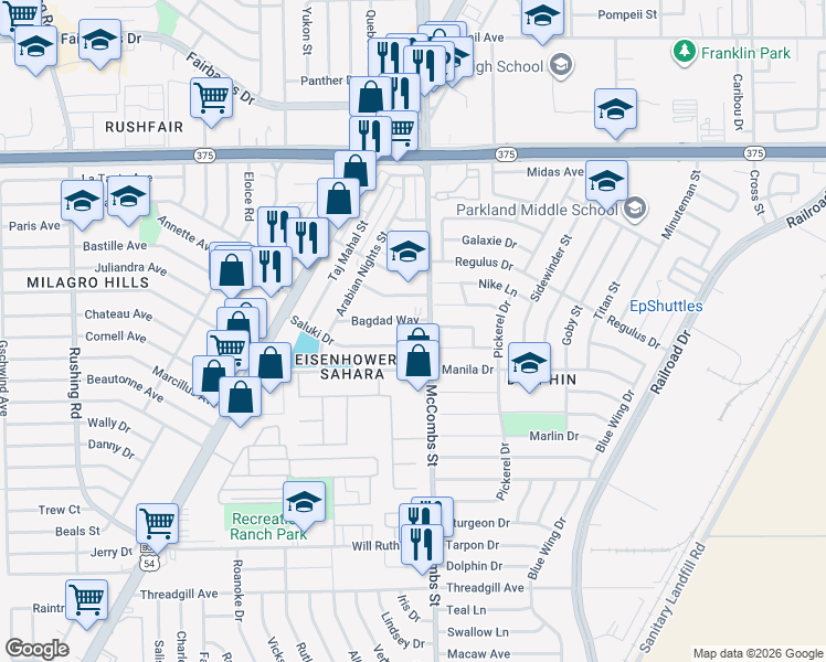 map of restaurants, bars, coffee shops, grocery stores, and more near 9821 McCombs Street in El Paso