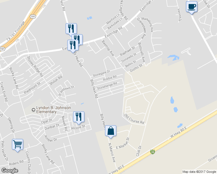 map of restaurants, bars, coffee shops, grocery stores, and more near 6920 Stonehenge Road in Odessa