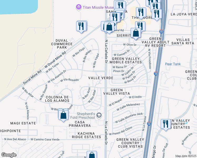 map of restaurants, bars, coffee shops, grocery stores, and more near 1525 North Pso La Tinaja in Green Valley