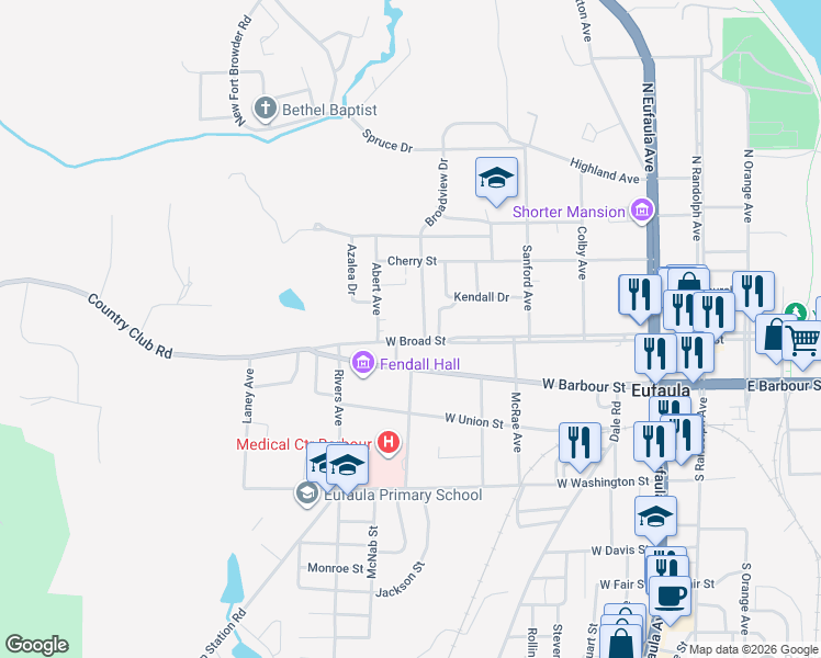 map of restaurants, bars, coffee shops, grocery stores, and more near 742 W Broad St in Eufaula