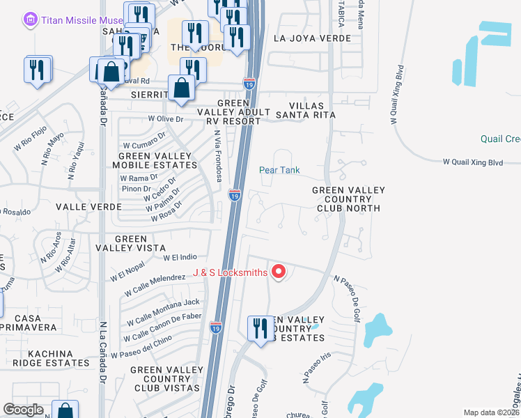 map of restaurants, bars, coffee shops, grocery stores, and more near 46 North Placita Chistoso in Green Valley