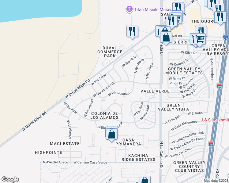 map of restaurants, bars, coffee shops, grocery stores, and more near 611 West Vía Rosaldo in Green Valley