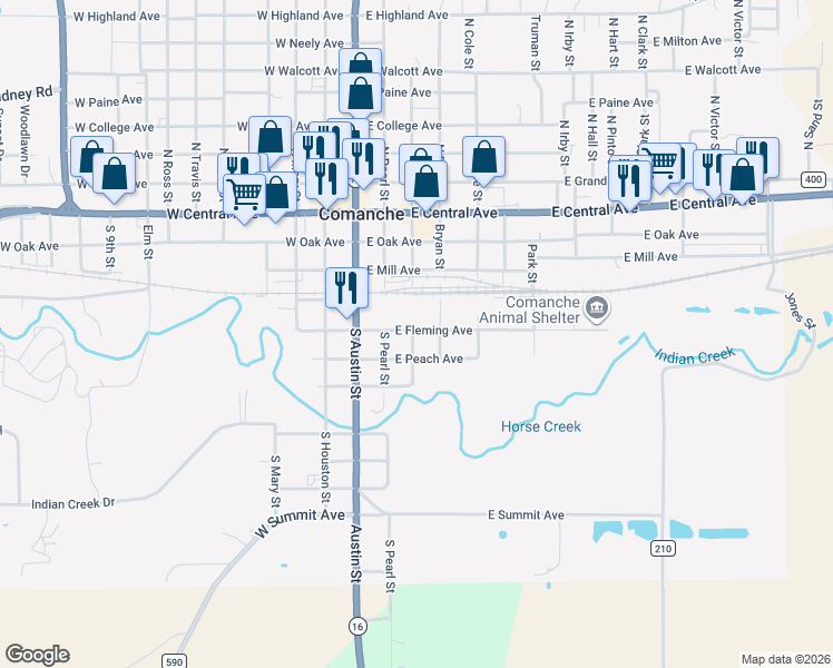 map of restaurants, bars, coffee shops, grocery stores, and more near 309 East Peach Avenue in Comanche