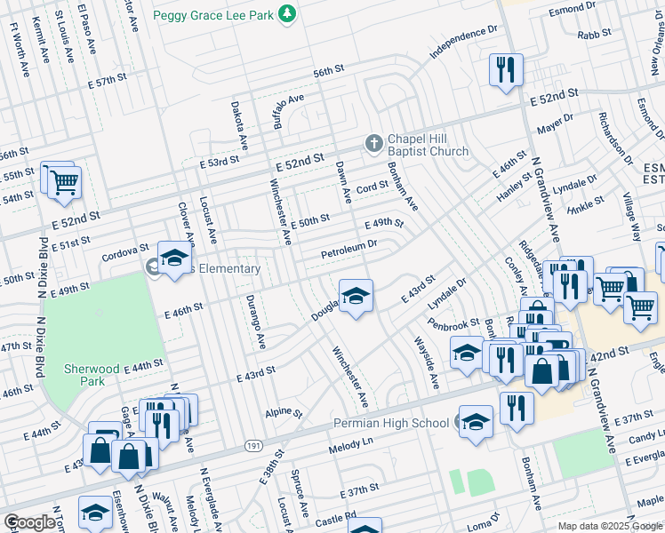 map of restaurants, bars, coffee shops, grocery stores, and more near 4410 Buffalo Avenue in Odessa