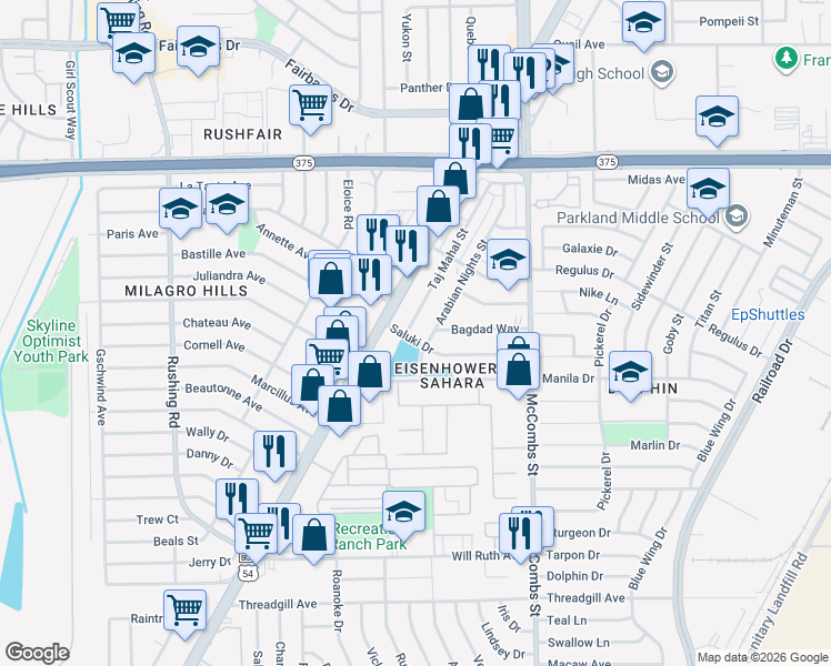 map of restaurants, bars, coffee shops, grocery stores, and more near 9846 Taj Mahal Street in El Paso