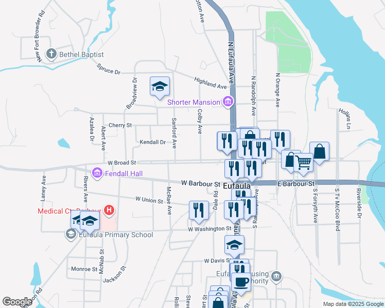 map of restaurants, bars, coffee shops, grocery stores, and more near 324 West Broad Street in Eufaula