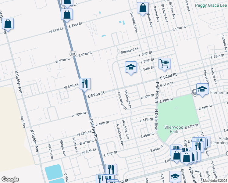 map of restaurants, bars, coffee shops, grocery stores, and more near 4933 Lancaster Drive in Odessa