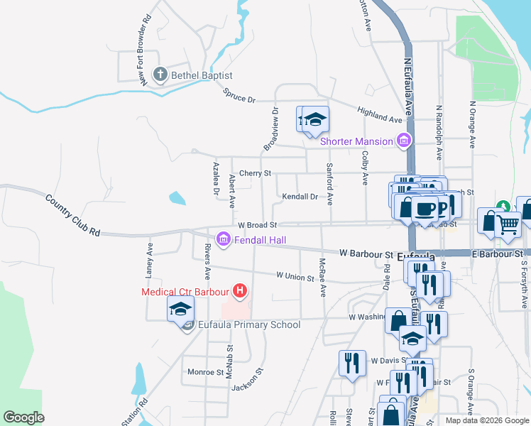 map of restaurants, bars, coffee shops, grocery stores, and more near 742 W Broad St in Eufaula
