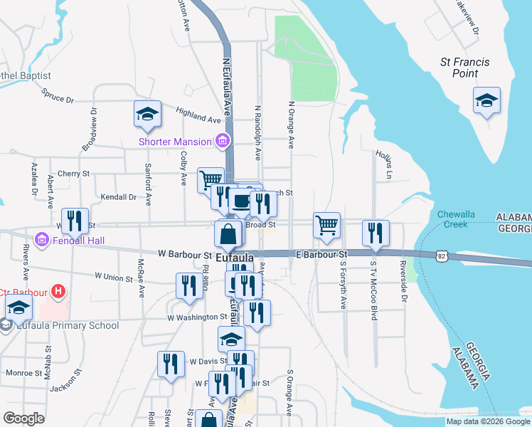 map of restaurants, bars, coffee shops, grocery stores, and more near 257 East Broad Street in Eufaula