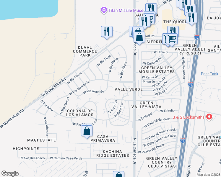 map of restaurants, bars, coffee shops, grocery stores, and more near 1554 North Rio Mayo in Green Valley